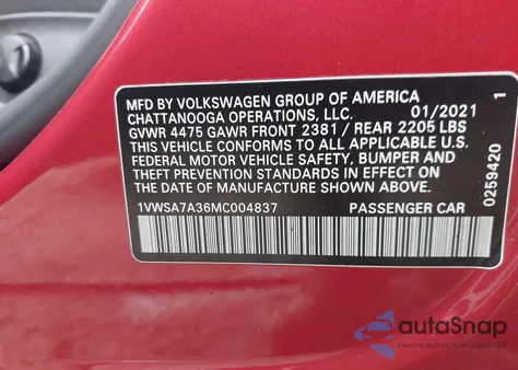 2021 Volkswagen Passat 2.0T Se из США, поврежденный, VIN 1VWSA7A36MC004837